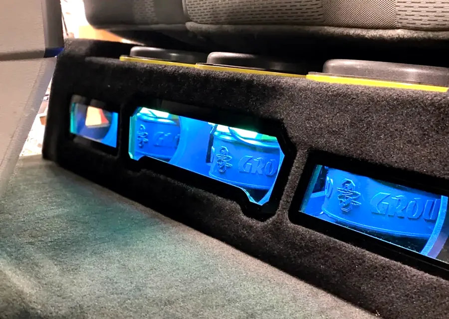 Interior LED lighting installed under the seats of a truck